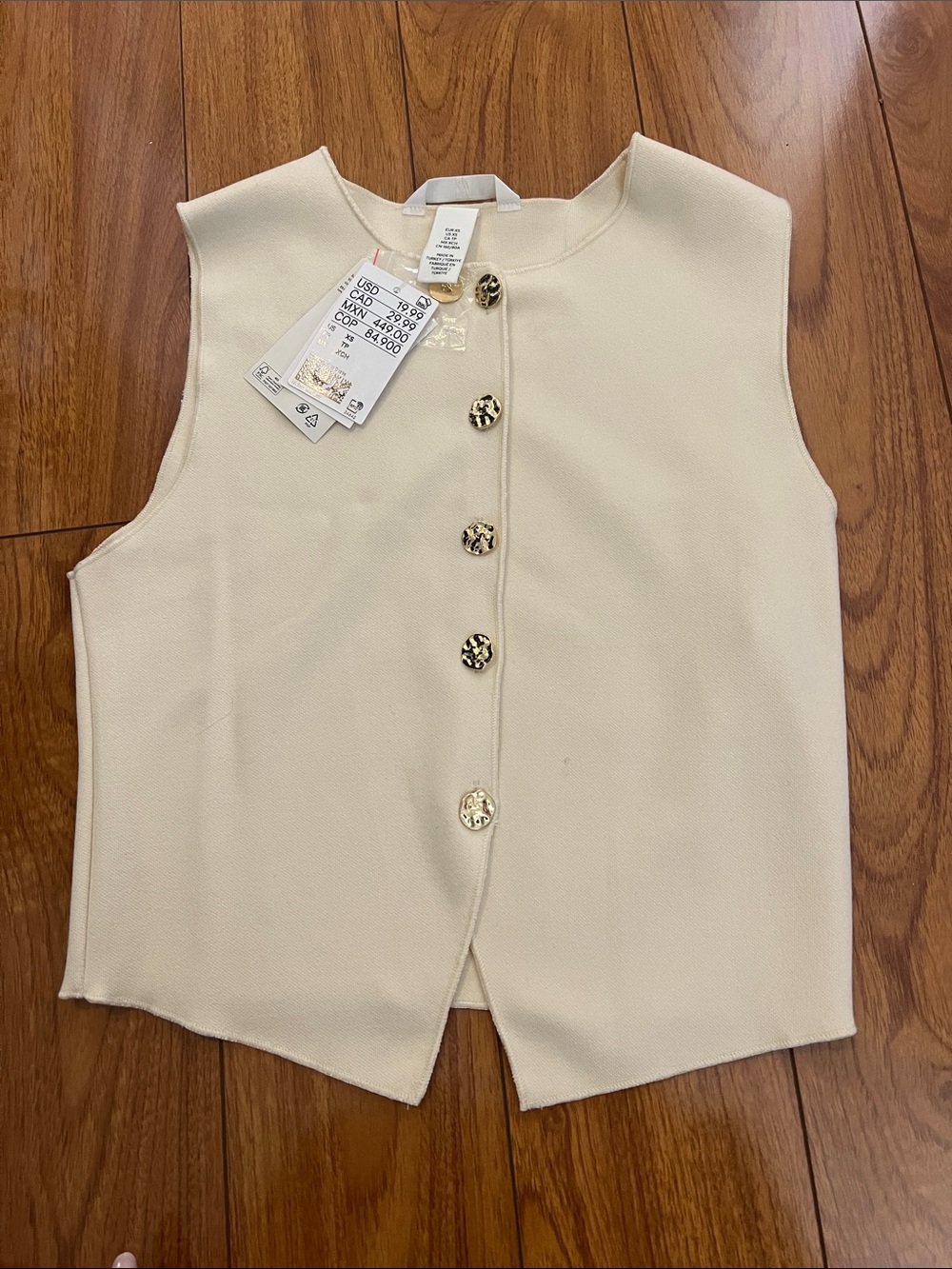 H&M Cream Sleeveless Button Front Top with Gold Buttons